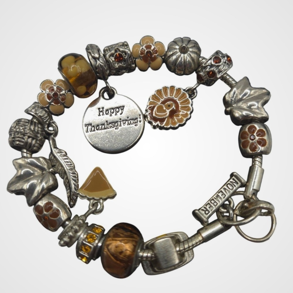 Willabee & Ward November Thanksgiving Charm Bracelet Orange Pumpkin Turkey Leaf